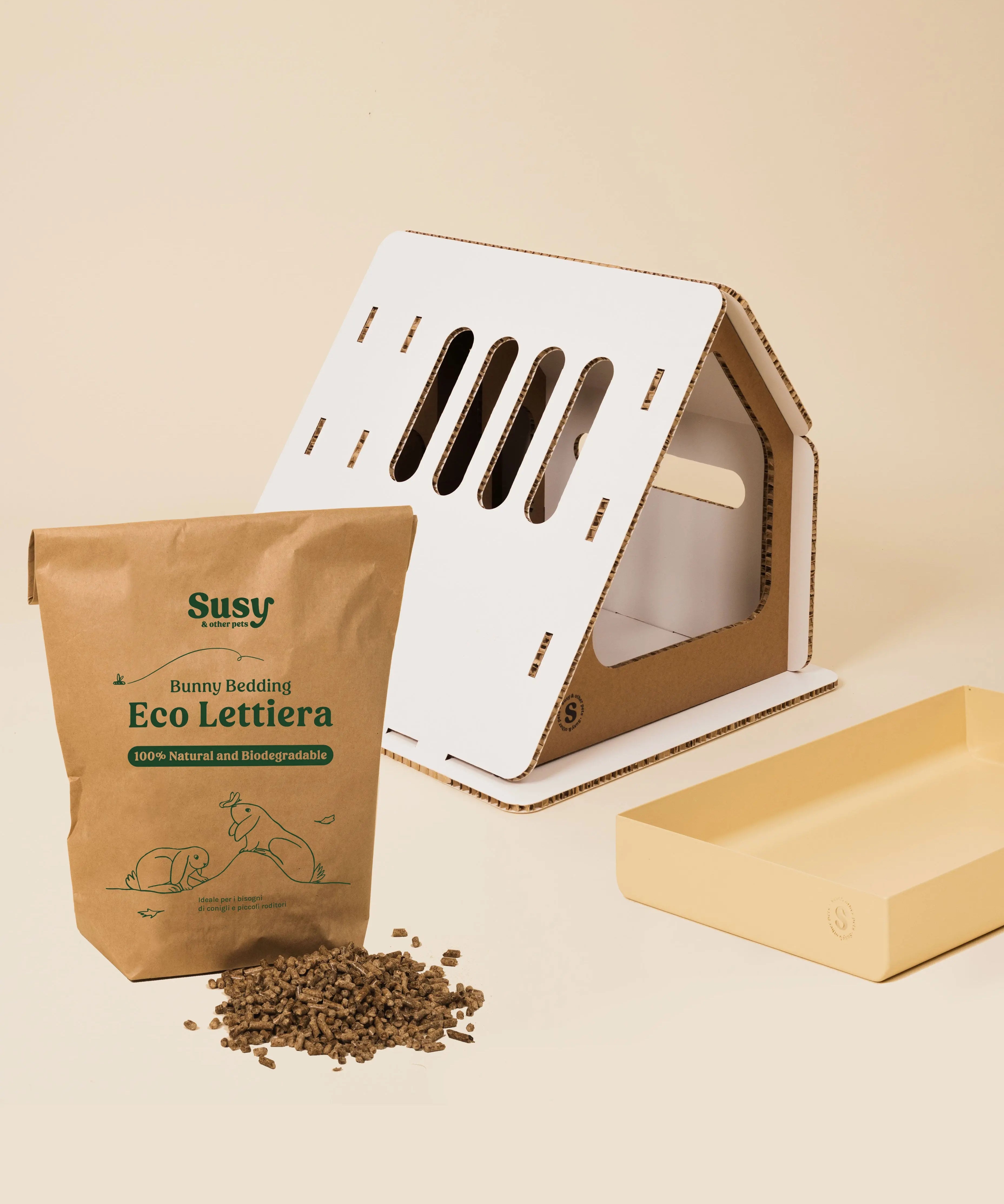kit completo casa conigli fieniera vaschetta eco lettiera